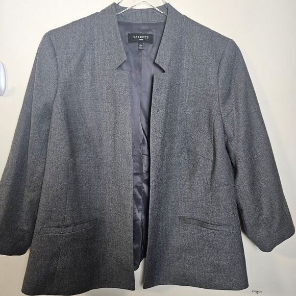 Talbots Wool Open Front Career Blazer Notched Collar Grey 12W - Picture 1 of 4
